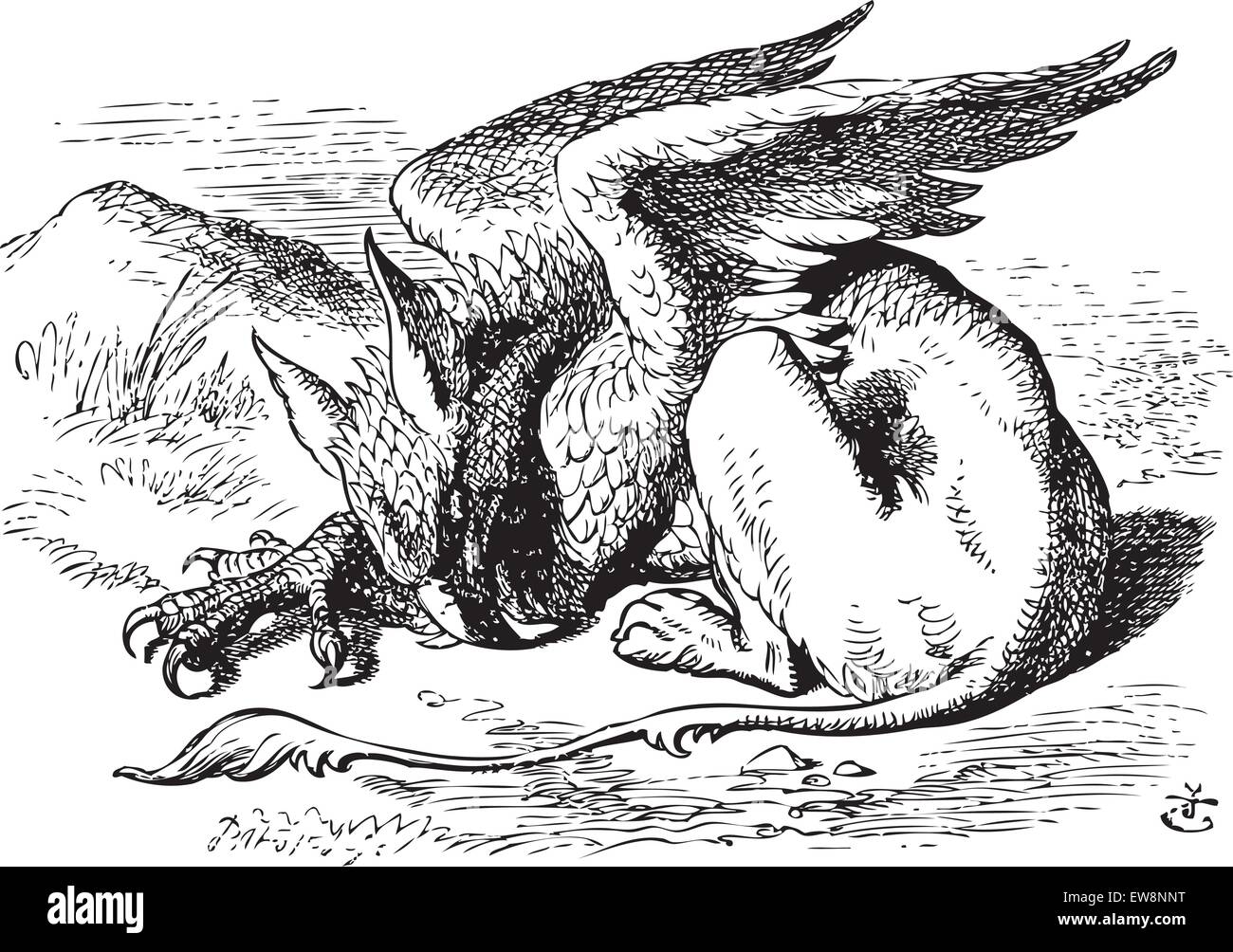 The Sleeping Gryphon - Alice in Wonderland original vintage engraving. They very soon came upon a Gryphon, lying fast asleep in the sun. Illustration from John Tenniel, published in 1865. Stock Vector