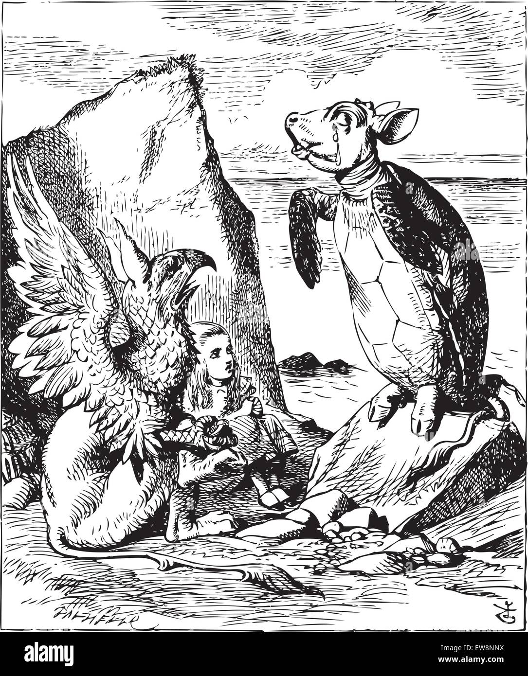 The Mock Turtle and Gryphon sing to Alice - Alice's Adventures in Wonderland original vintage engraving. Illustration from John Tenniel, published in 1865. Stock Vector