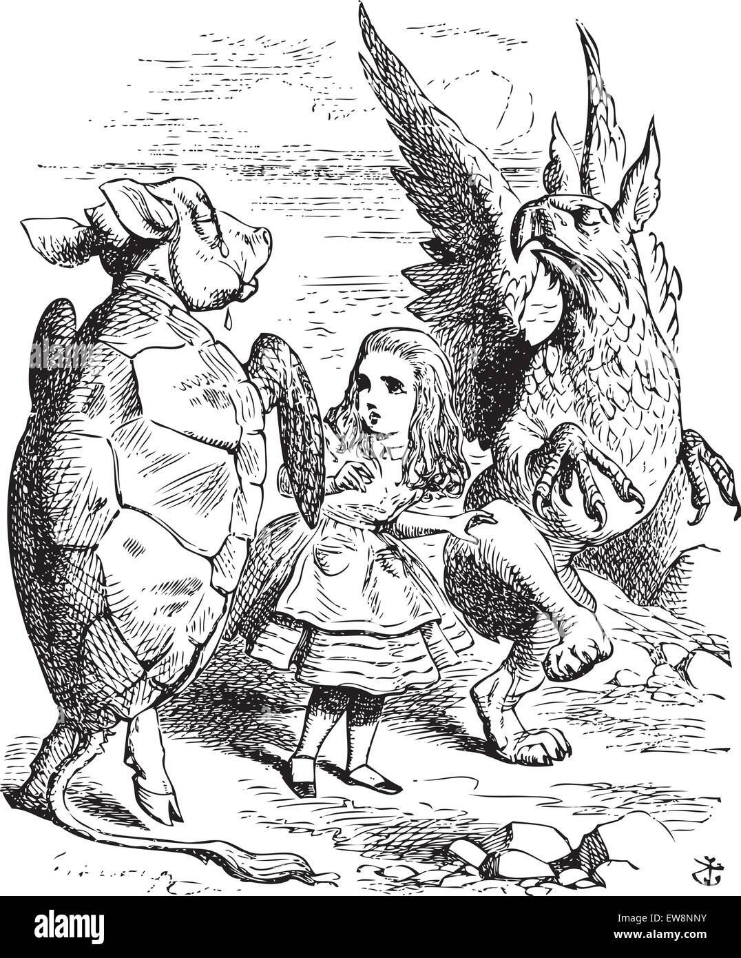 The Lobster Quadrille - Alice's Adventures in Wonderland original vintage engraving. The Mock Turtle and the Gryphon demonstrating the Lobster Quadrille dance to Alice. Illustration from John Tenniel, published in 1865. Stock Vector