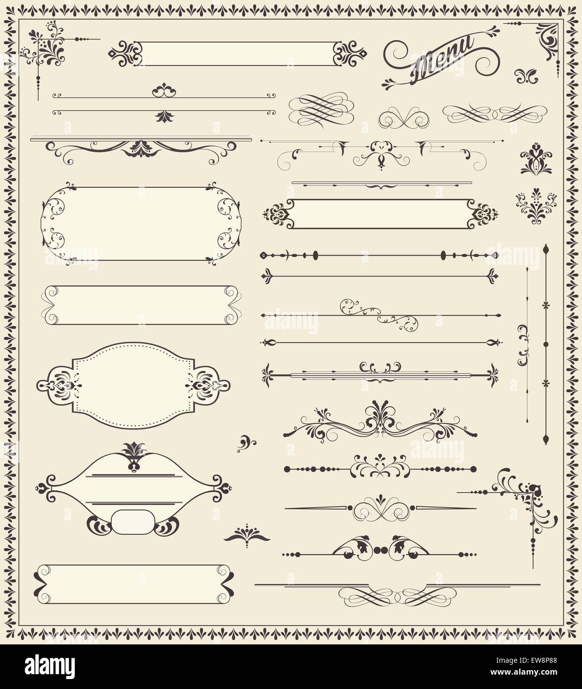 Various vintage label and border elements with ornate elegant retro  abstract floral design, dark gray flowers and leaves on pale green  background. Vector illustration Stock Vector Image & Art - Alamy