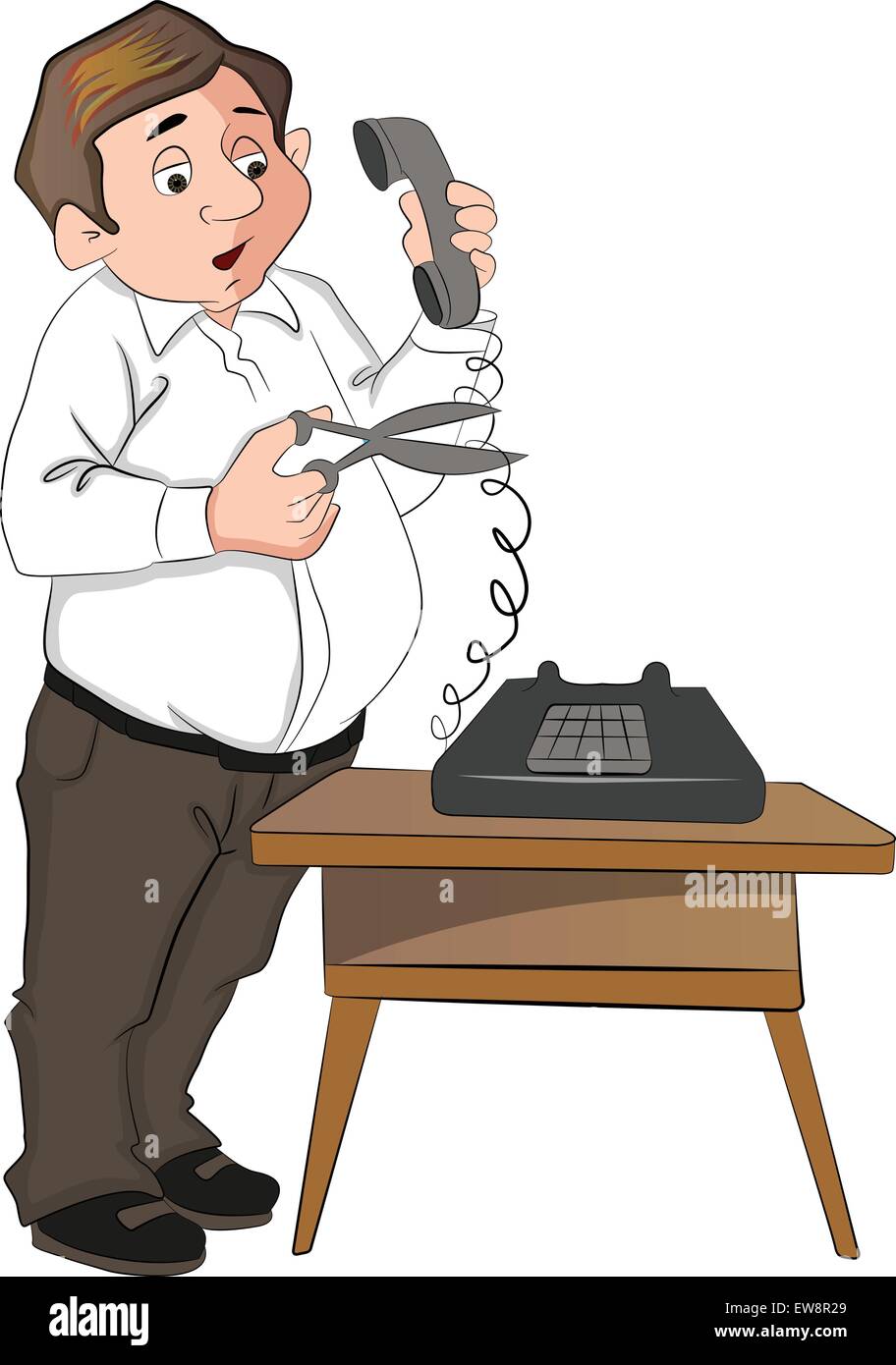 Vector illustration of a man cutting telephone cord with scissors. Stock Vector