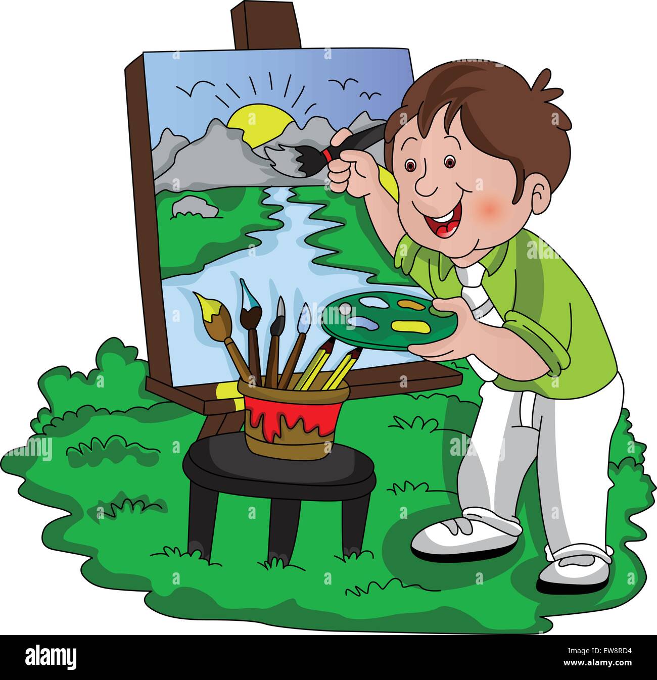 Vector illustration of a smiling artist painting outdoors Stock Vector