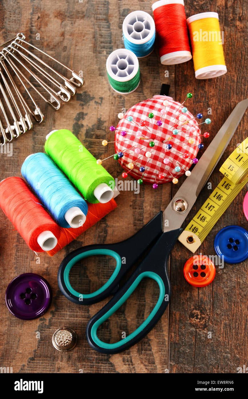 Composition with tailor accessories on wooden table Stock Photo