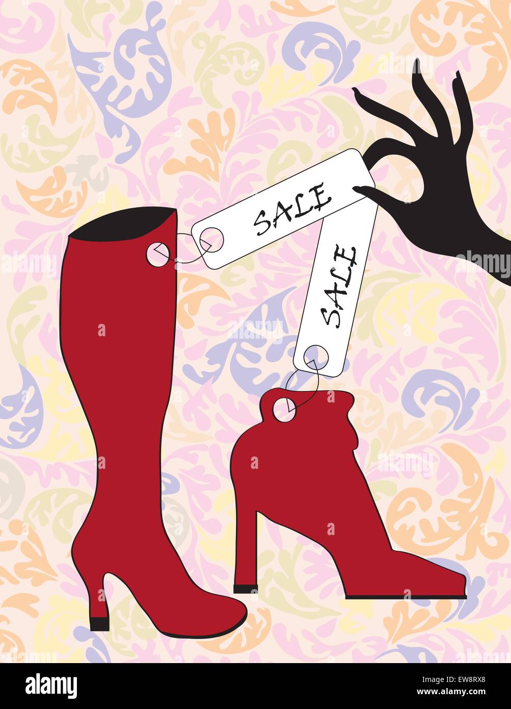 Vintage shoes sale sign with ornate elegant retro floral design, red shoe and boot. Vector illustration. Stock Vector