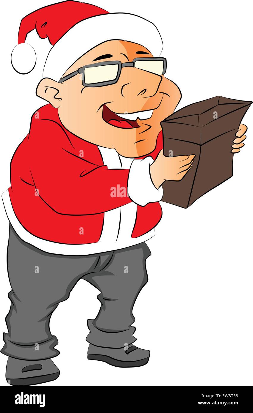 Vector illustration of a cheerful man wearing santa hat and holding ...