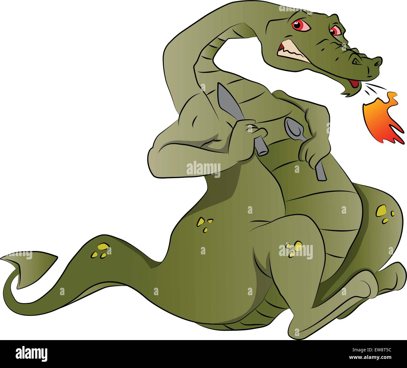 Fire-breathing Dragon with Spoon and Knife, vector illustration Stock Vector