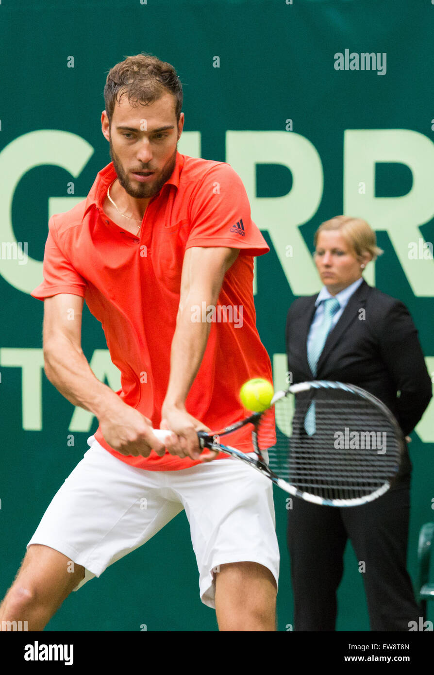 Jerzy Janowicz (POL) plays a shot in the quarter finals of the ATP Gerry Weber Open Tennis Championships at Halle, Germany. Stock Photo