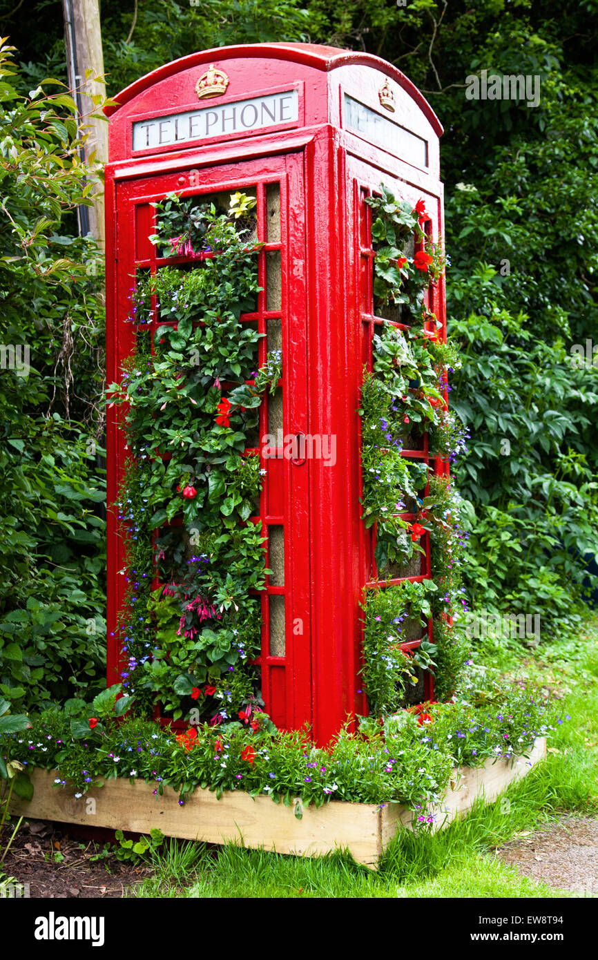 Orston, Nottinghamshire, U.K. 20th June, 2015. A dull dry day with temperatures of 18C at the Orston Open Gardens Day.  Residents of the Nottinghamshire  village have turned a redundant  red telephone box into a giant floral display. The traditional telephone box was installed in  2014 after its predecessor, which  had stood  in the village for more than 70 years, was demolished by a bus. Credit:  Mark Richardson/Alamy Live News Stock Photo
