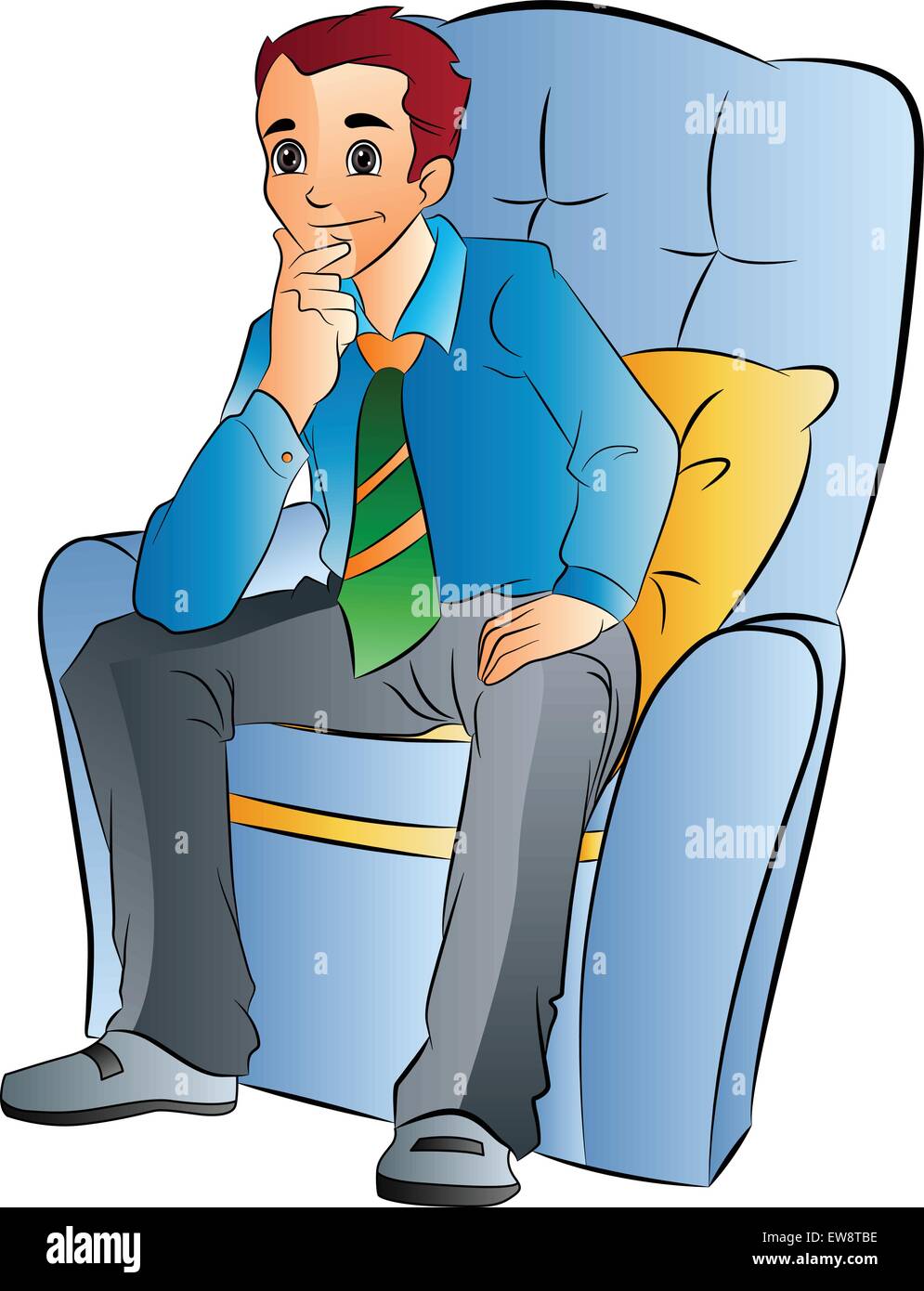 Young Man Sitting on a Soft Chair, vector illustration Stock Vector