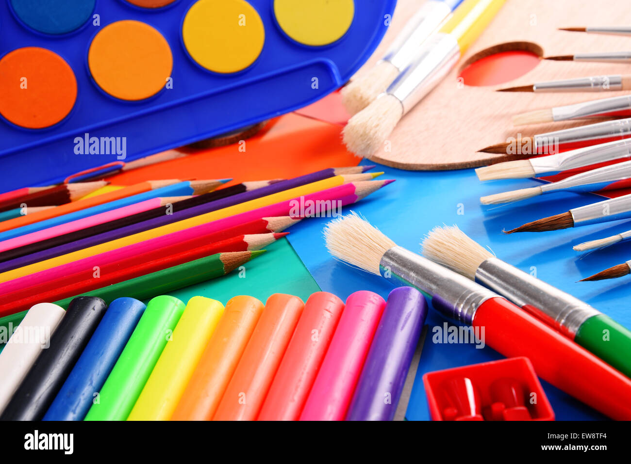 Composition with school accessories for painting and drawing. Stock Photo
