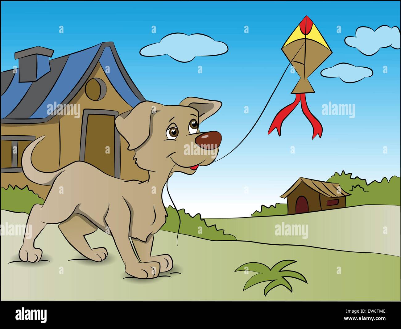 Vector illustration of dog flying kite next to a house Stock Vector