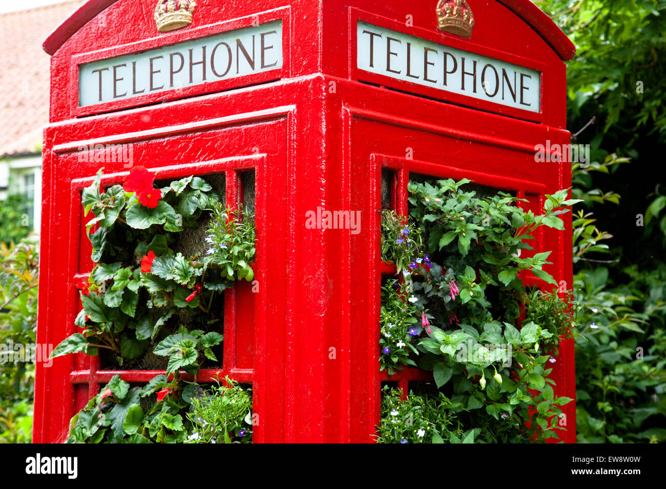 Orston, Nottinghamshire, U.K. 20th June, 2015. A dull dry day with temperatures of 18C at the Orston Open Gardens Day.  Residents of the Nottinghamshire  village have turned a redundant  red telephone box into a giant floral display. The traditional telephone box was installed in  2014 after its predecessor, which  had stood  in the village for more than 70 years, was demolished by a bus.  Credit:  Mark Richardson/Alamy Live News Stock Photo