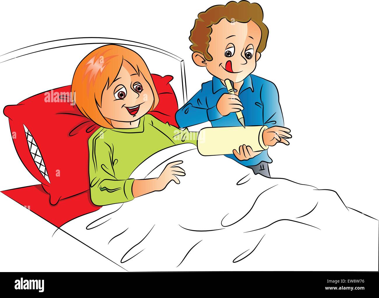 Vector illustration of man writing on happy wife's plaster cast, relaxing on bed. Stock Vector