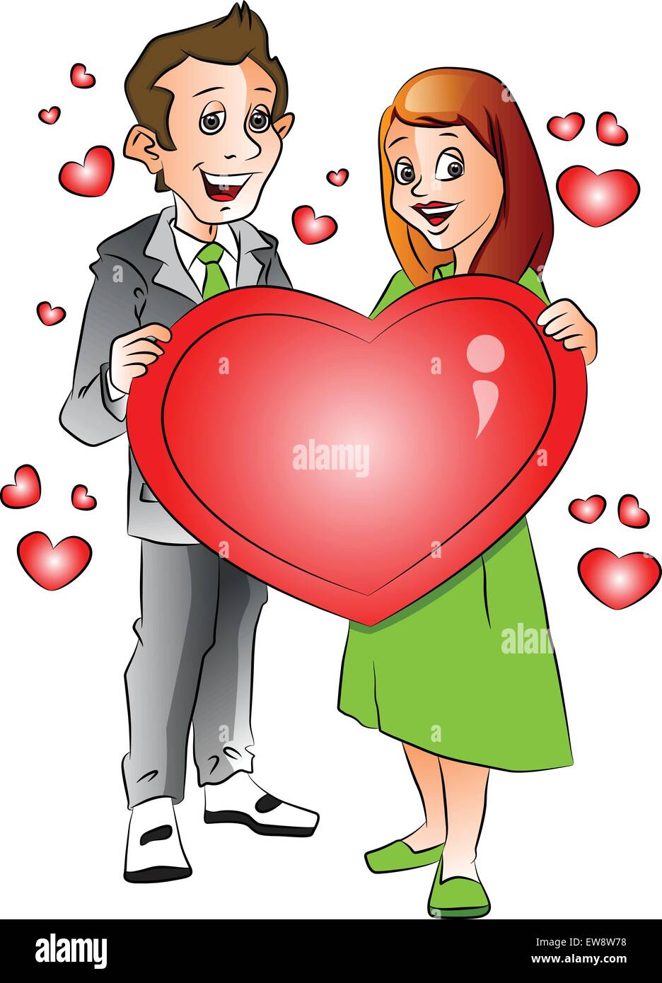 Vector illustration of cheerful young couple with red heart shape symbol. Stock Vector