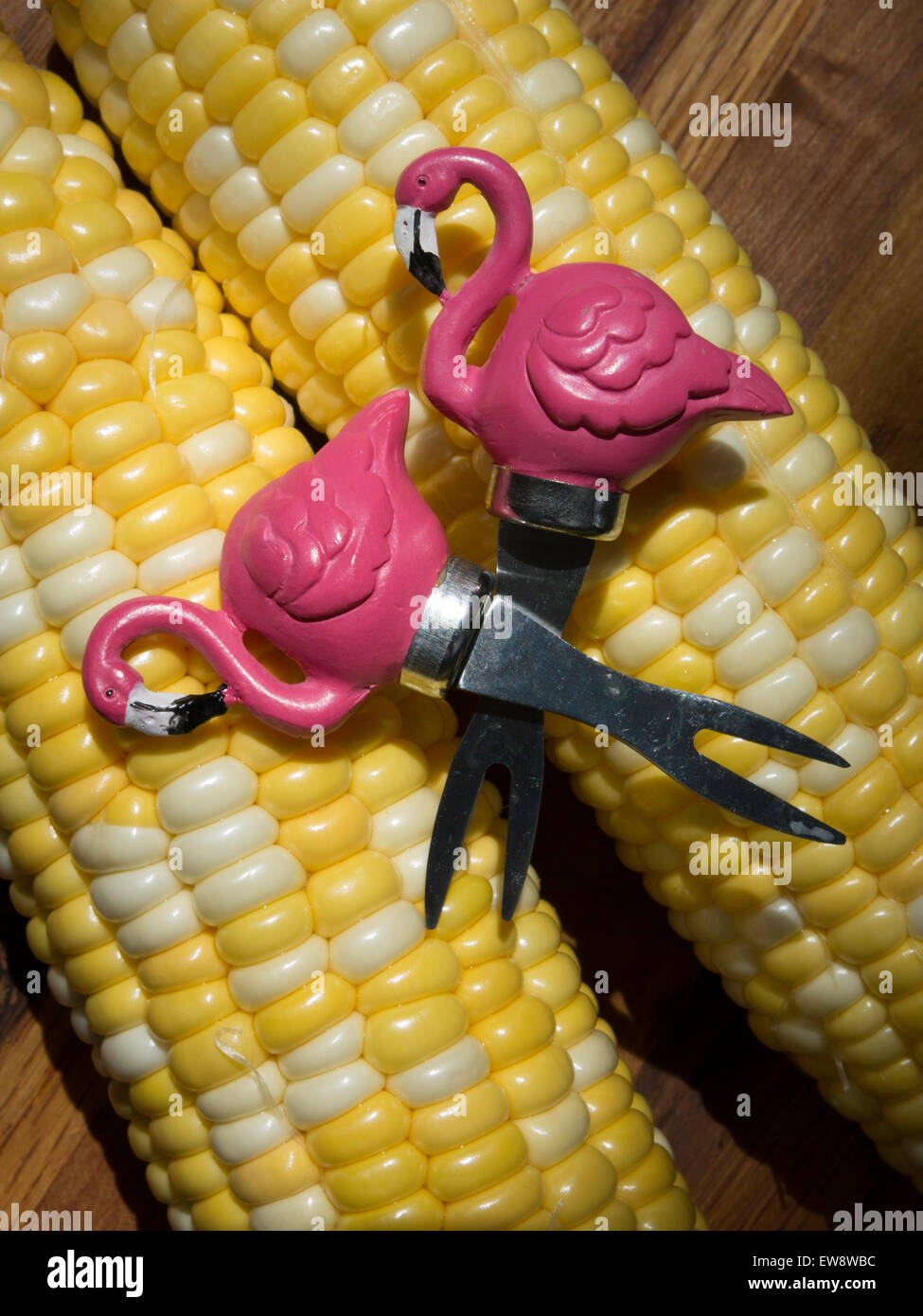 Pink Flamingo Corn Holders on Ears of Fresh Corn, FL, USA Stock Photo