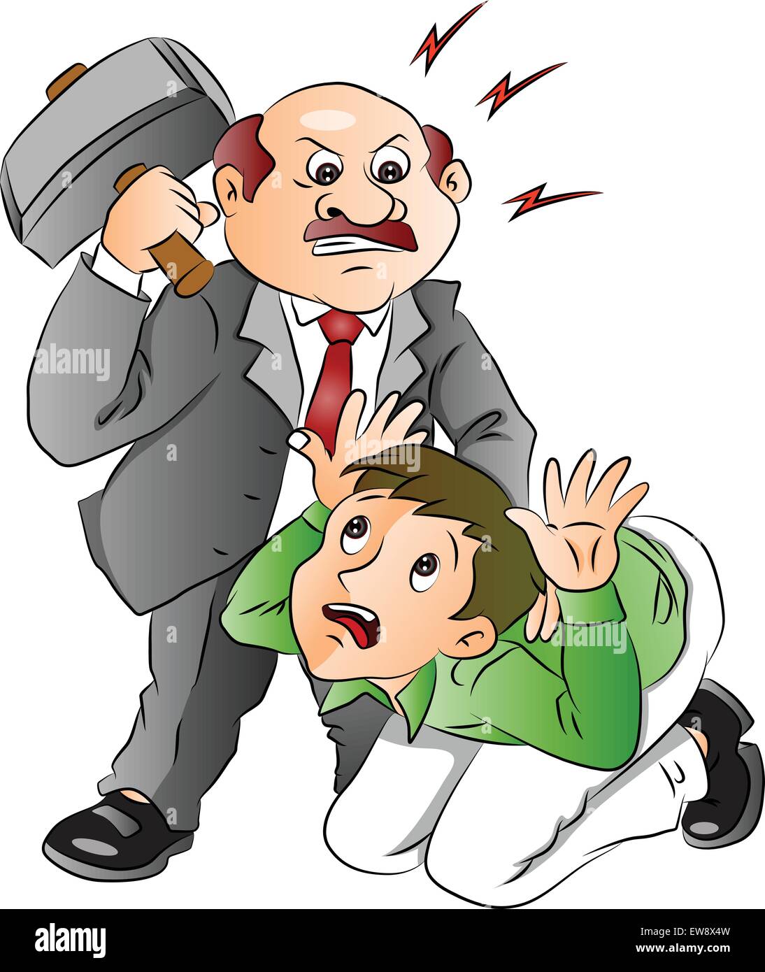 Vector illustration of aggressive boss hitting his employee. Stock Vector