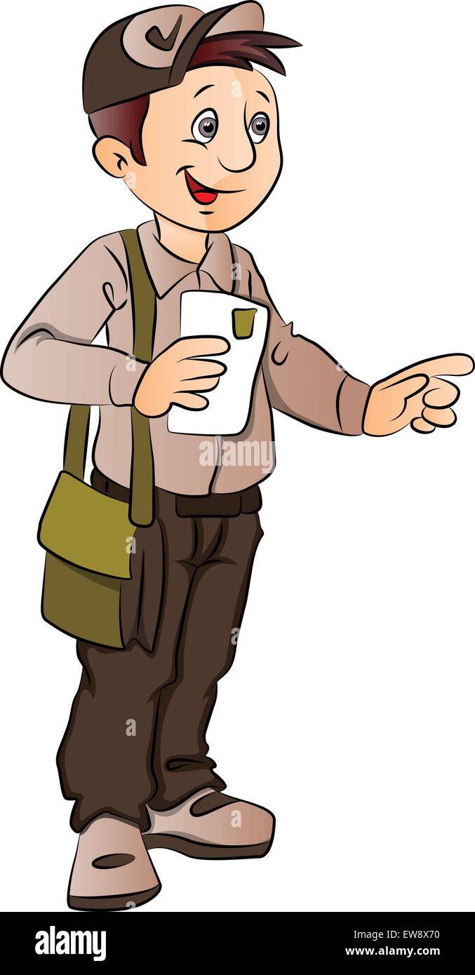 Vector illustration of postman holding a letter and pointing. Stock Vector