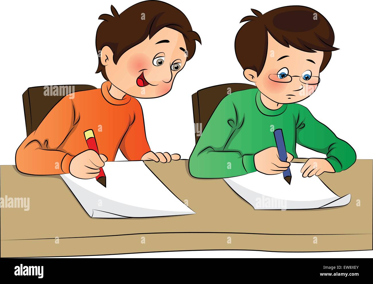 Vector illustration of boy copying from other student's paper during examination. Stock Vector