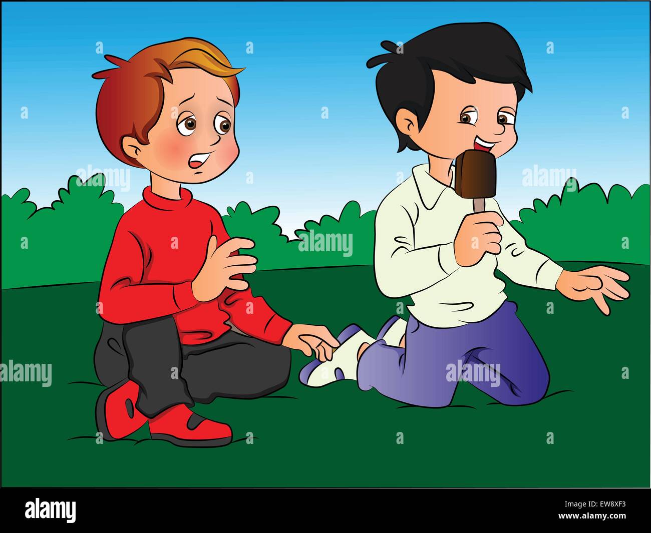 Vector illustration of a boy teasing his friend for ice cream. Stock Vector