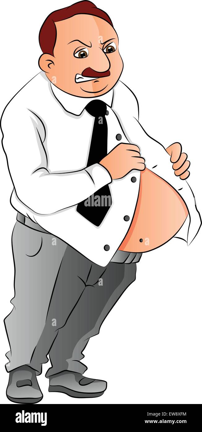 Vector illustration of sad man unable to button his shirt on his fat belly. Stock Vector