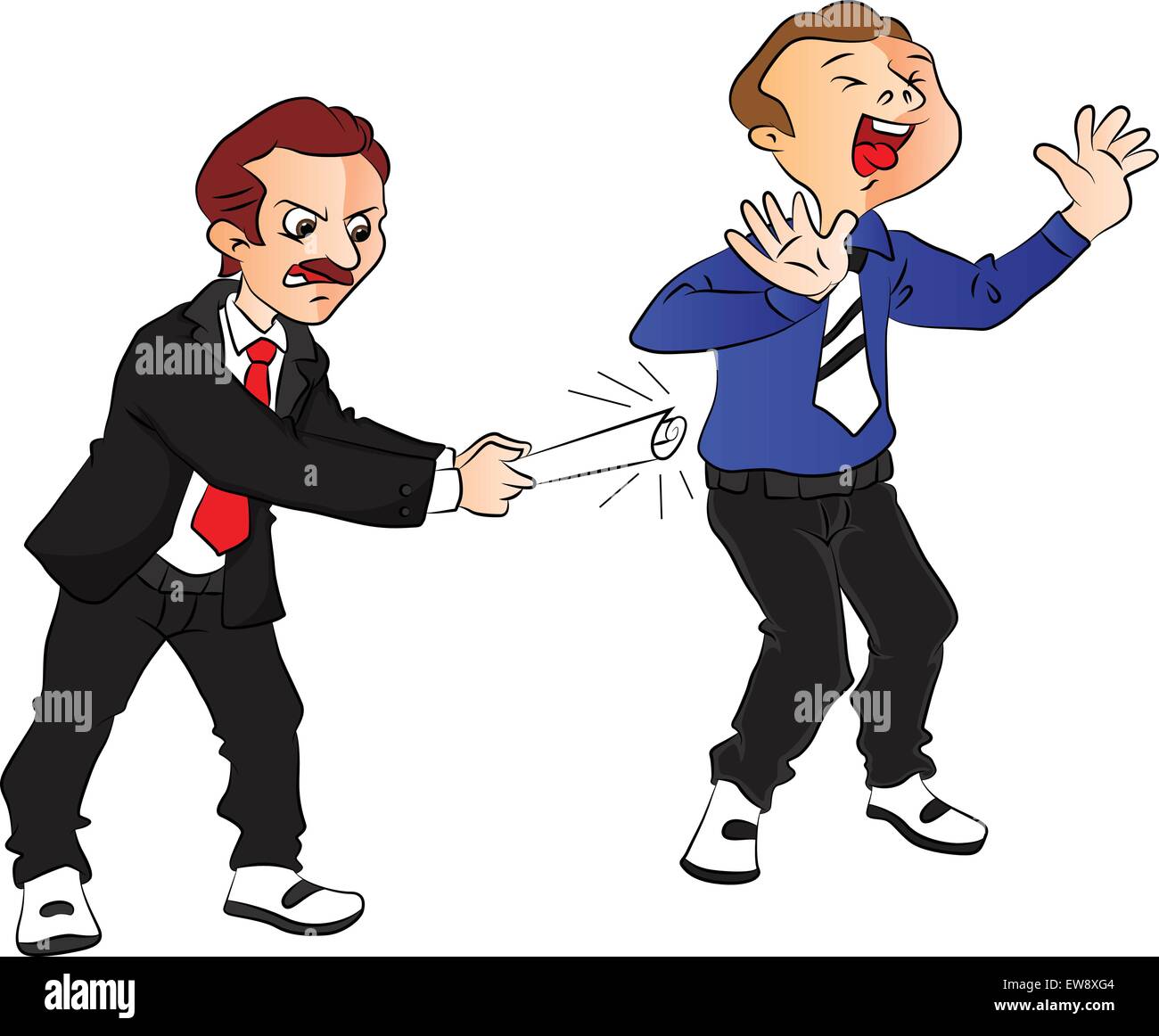 Vector illustration of angry boss hitting scared employee at office. Stock Vector