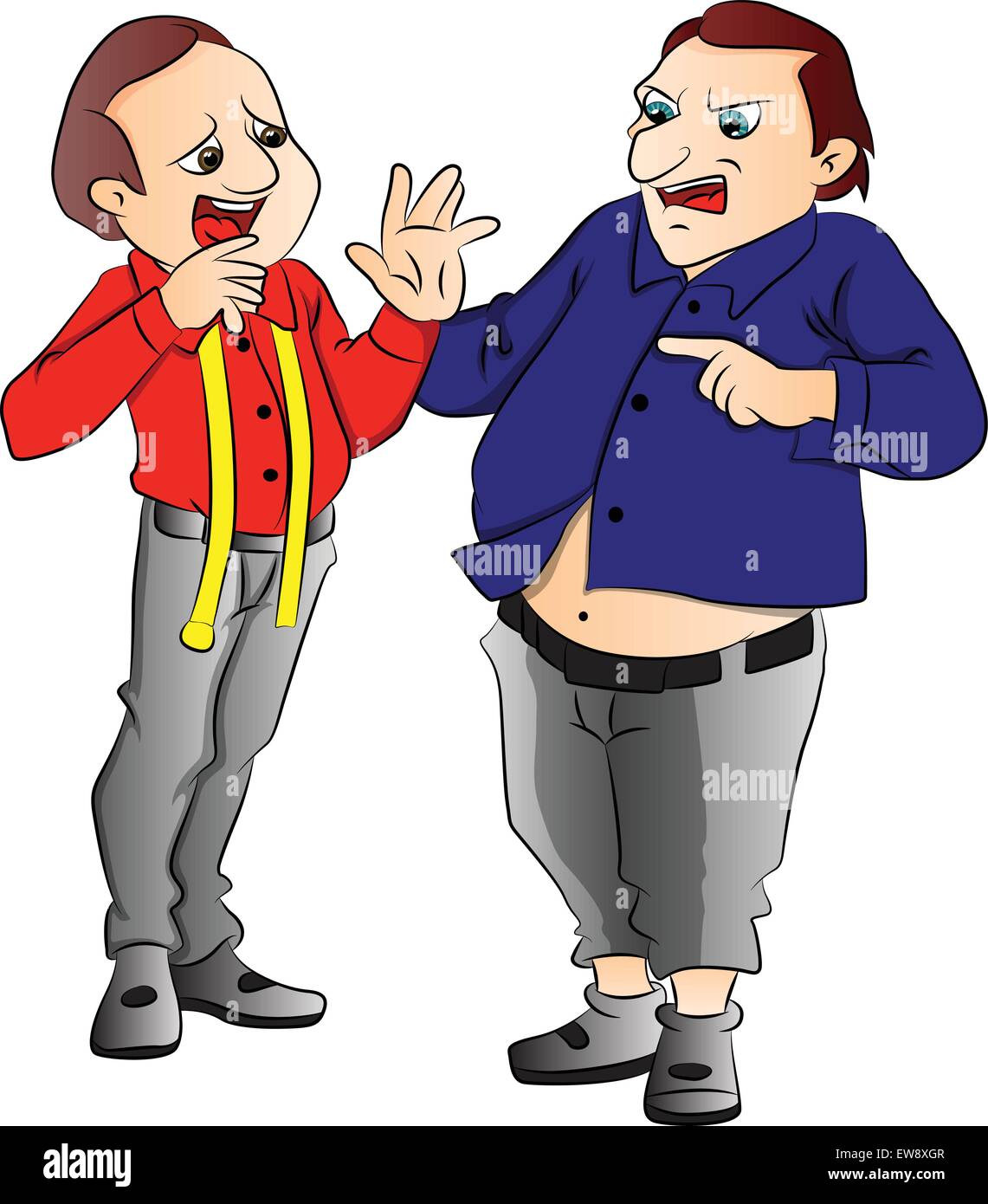 Vector illustration of angry obese customer shouting at tailor. Stock Vector