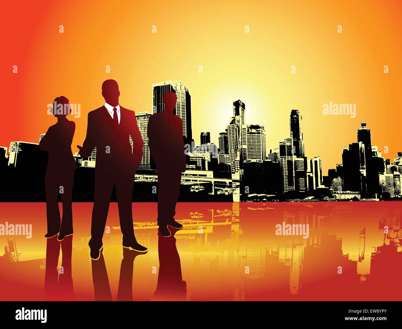 A team of professional businessman and businesswoman in front of a raising sun over a city, in silhouette. Orange and red warm sky. Stock Vector
