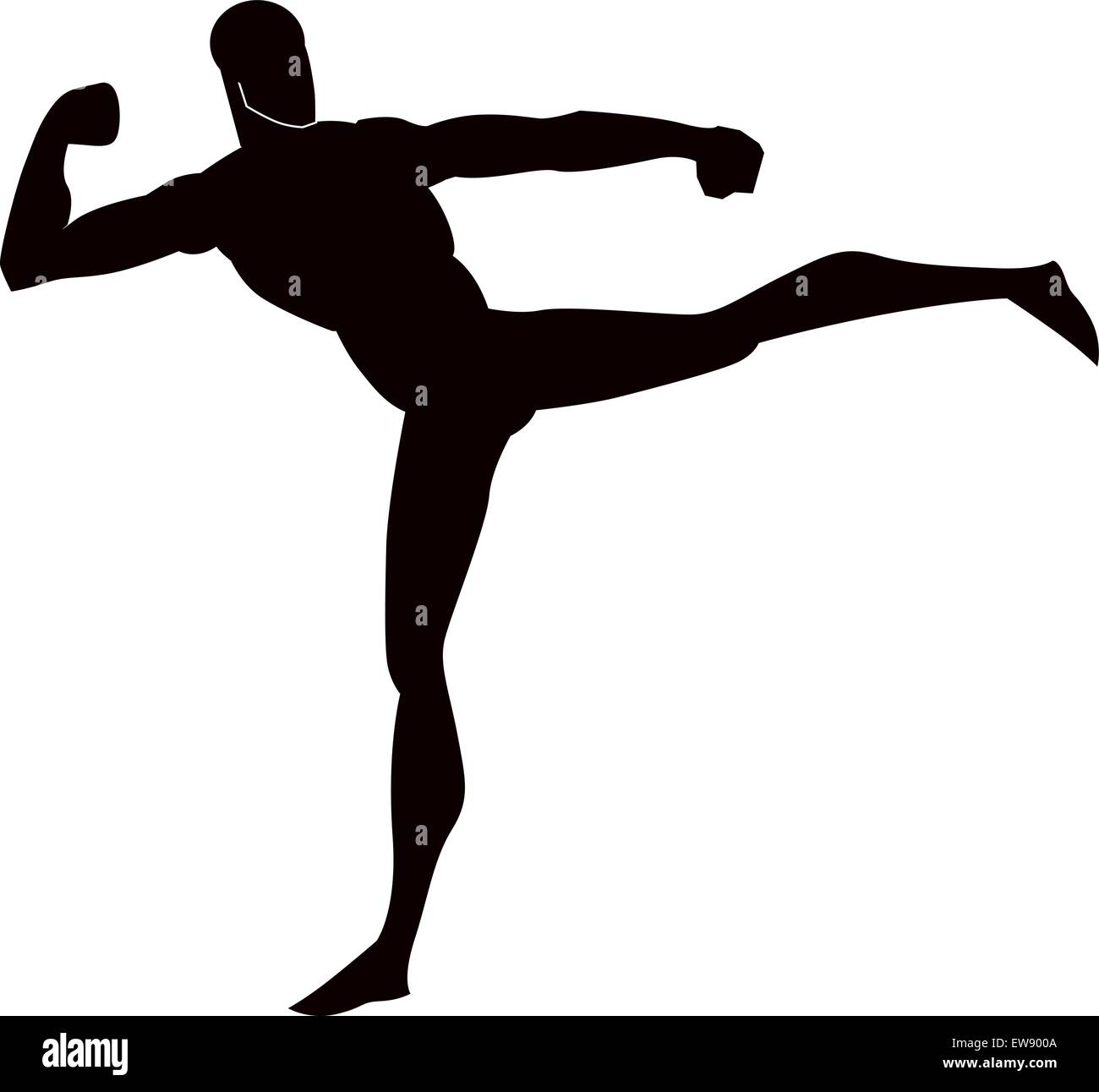 Martial Arts, Black Silhouette of a Man, Kicking, vector illustration Stock Vector