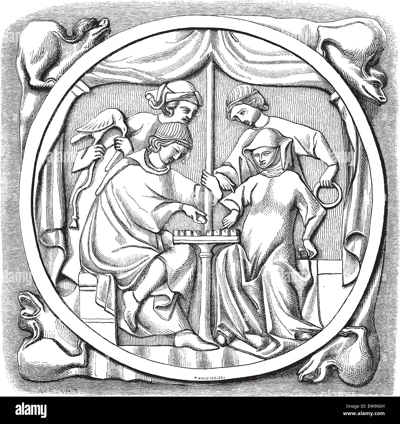 Mirror, during the 15th century, displayed at the Louvre Museum in Paris, France, vintage engraved illustration. Le Magasin Pitt Stock Vector