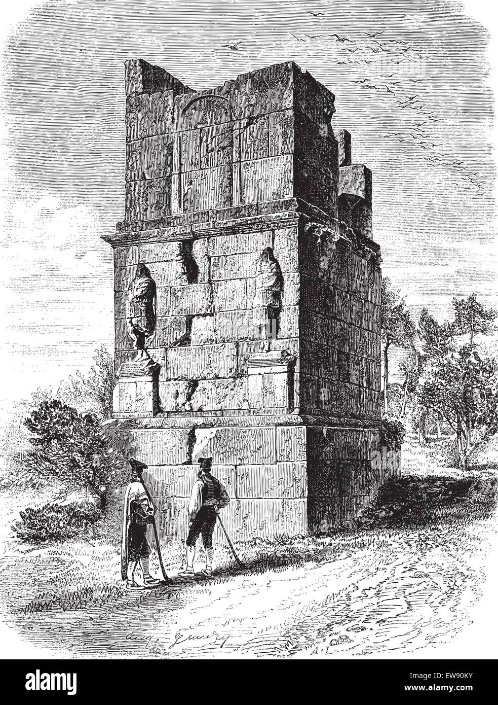 The Scipio's Tower, near Tarragona. - Drawing of Gaudry, of after a photograph of J. Lawrence, vintage engraved illustration. Ma Stock Vector