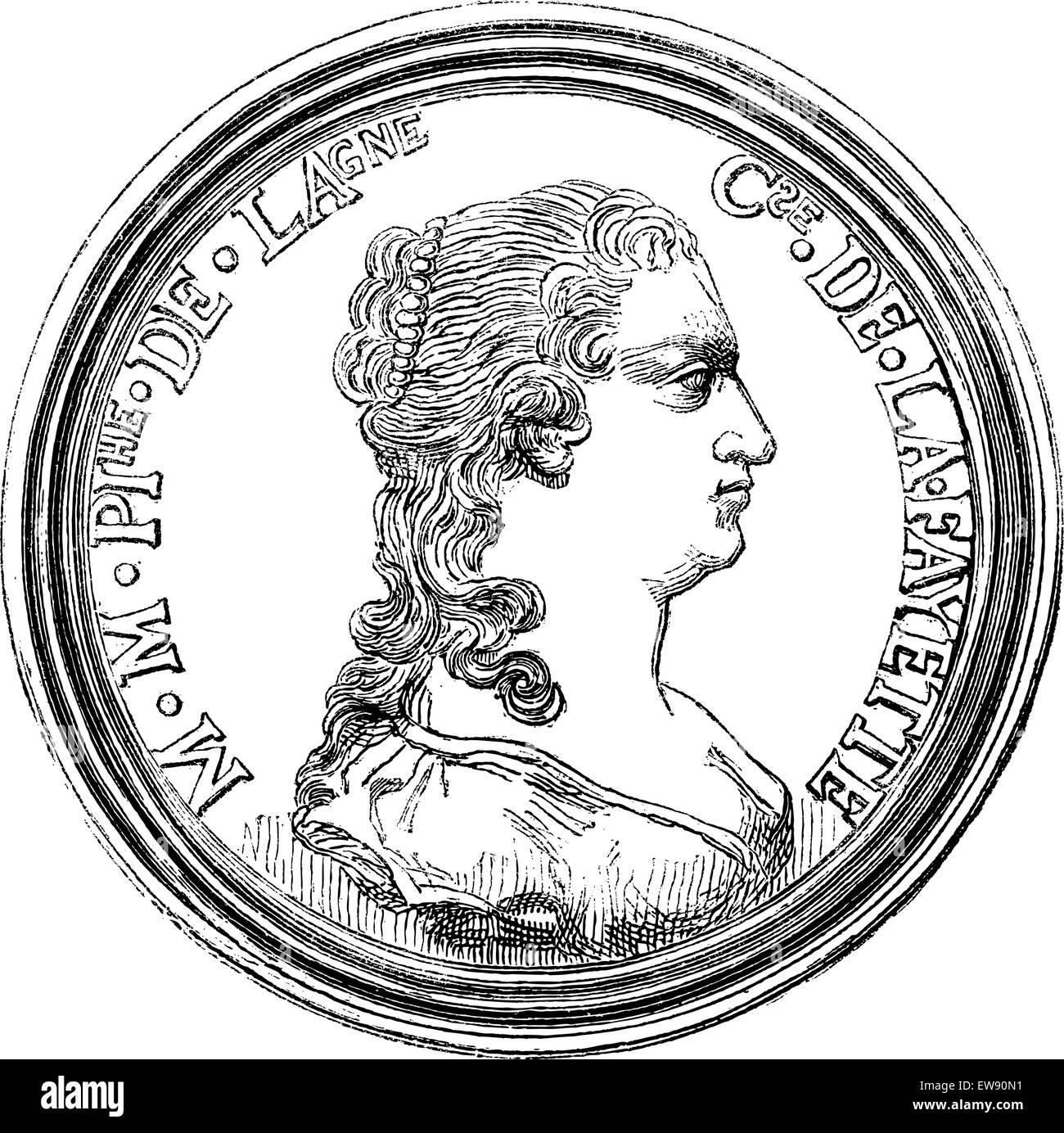 Cabinet of medals from the National Library. - Medal of the Comtesse de la Fayette, vintage engraved illustration. Magasin Pitto Stock Vector