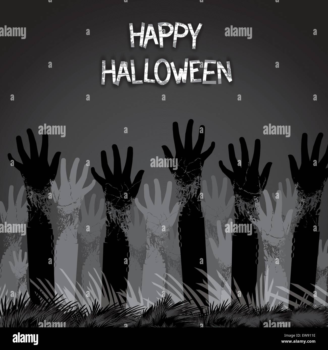 Spooky card design for halloween holiday with zombie hands from the