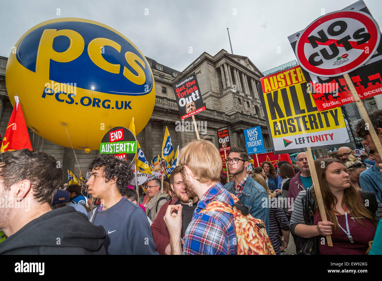 London, UK. 20th June, 2015. An anti austerity march draws a huge crowd starting at Bank and heading to a rally in Parliament Square. It passed off peacefully and was organised by The Peoples Assembly and supported by all the major unions, including the PCS. 20 June 2015. Credit:  Guy Bell/Alamy Live News Stock Photo