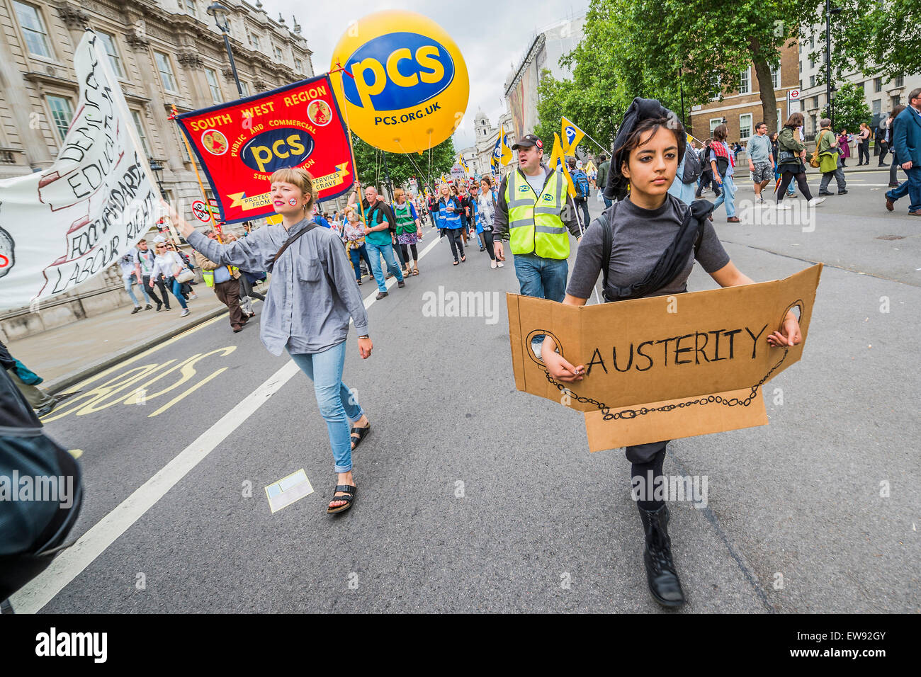 London, UK. 20th June, 2015. An anti austerity march draws a huge crowd starting at Bank and heading to a rally in Parliament Square. It passed off peacefully and was organised by The Peoples Assembly and supported by all the major unions, including the PCS. 20 June 2015. Credit:  Guy Bell/Alamy Live News Stock Photo