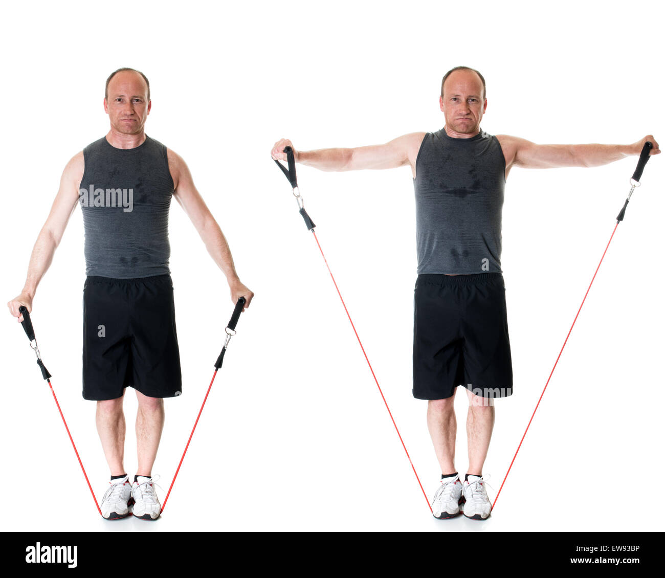 Lateral raise exercise with resistance band. Studio shot over white. Stock Photo
