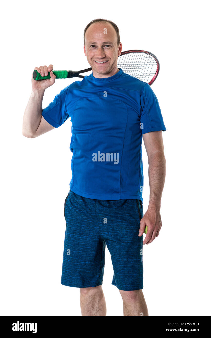 Adult male tennis player. Studio shot over white. Stock Photo