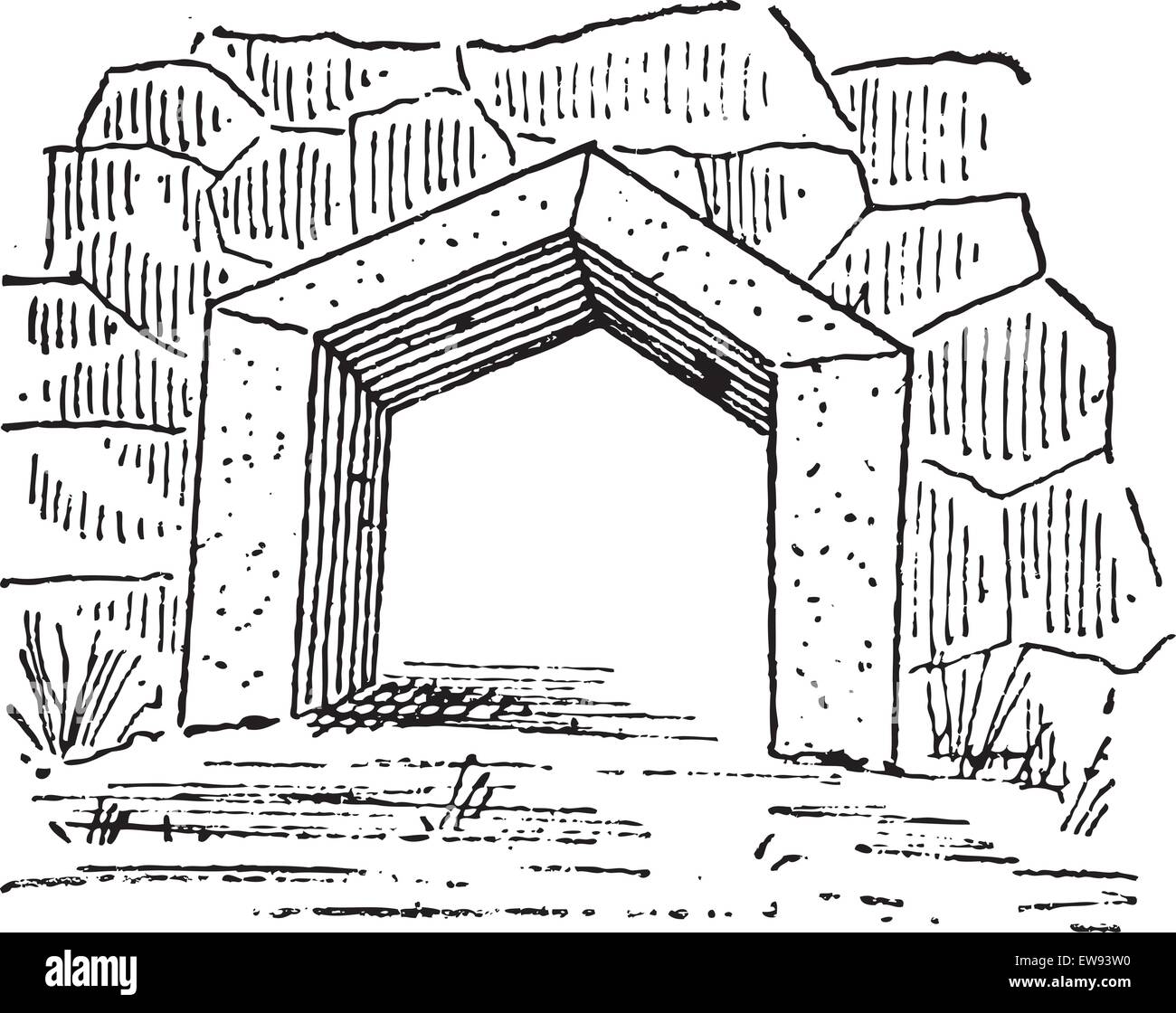 Old engraved illustration of the gate at Arcadia in Greece. Dictionary of words and things - Larive and Fleury ? 1895 Stock Vector
