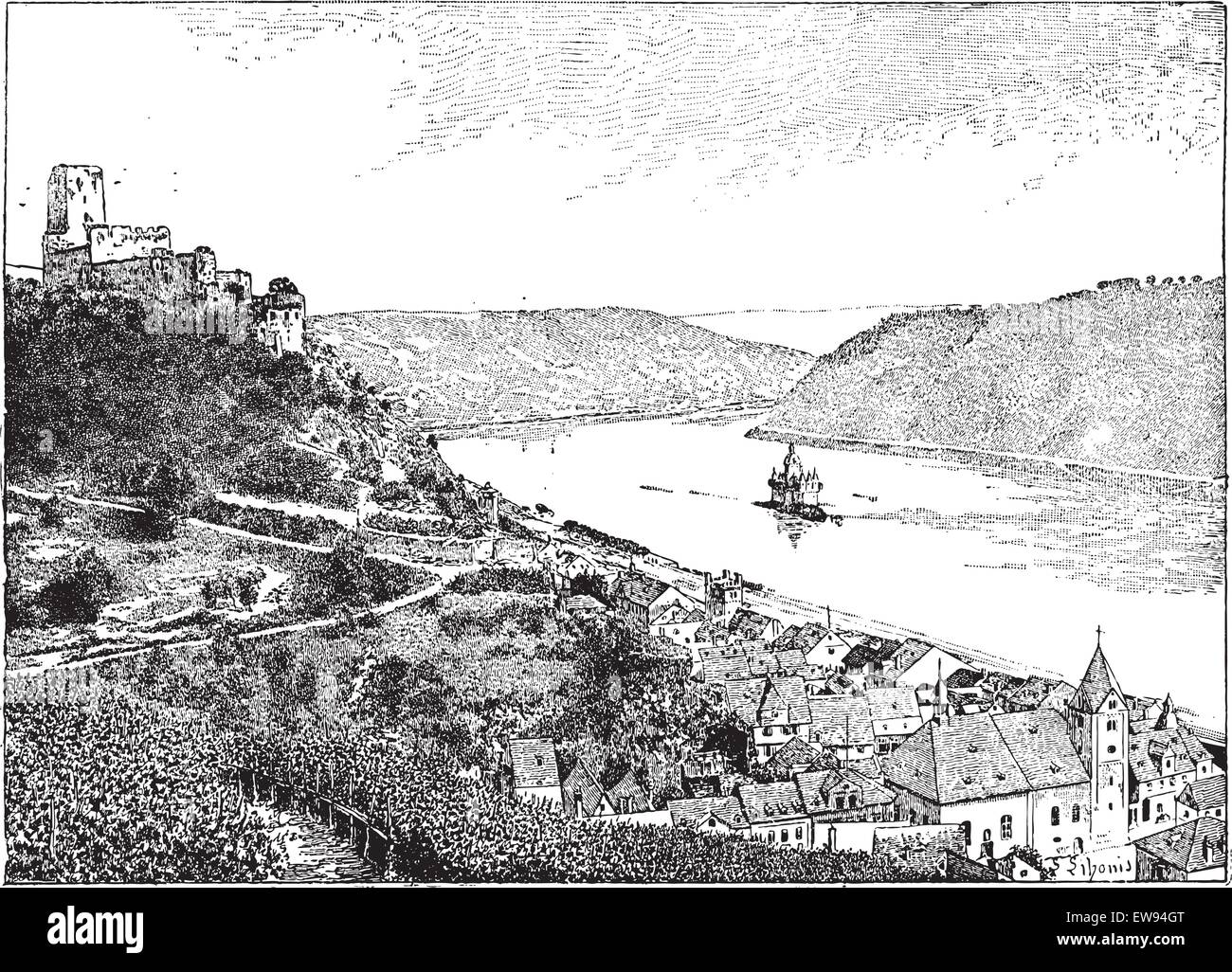 Burg Gutenfels, Rhin river, Germany, vintage engraved illustration. Dictionary of words and things - Larive and Fleury - 1895. Stock Vector