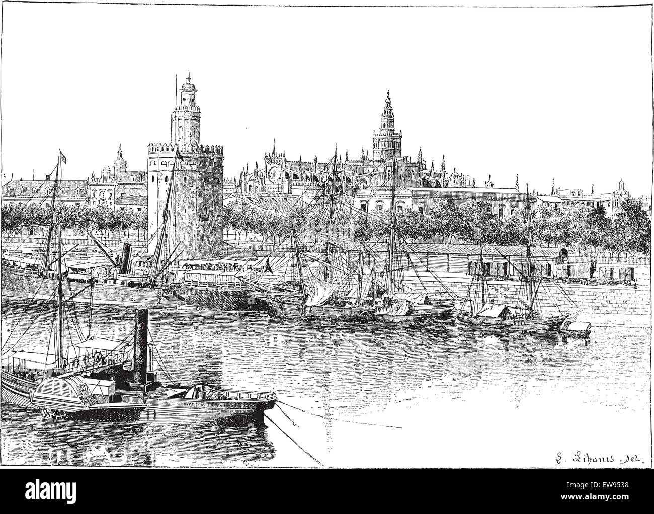 View of Seville, Spain, vintage engraved illustration. Dictionary of words and things - Larive and Fleury - 1895. Stock Vector