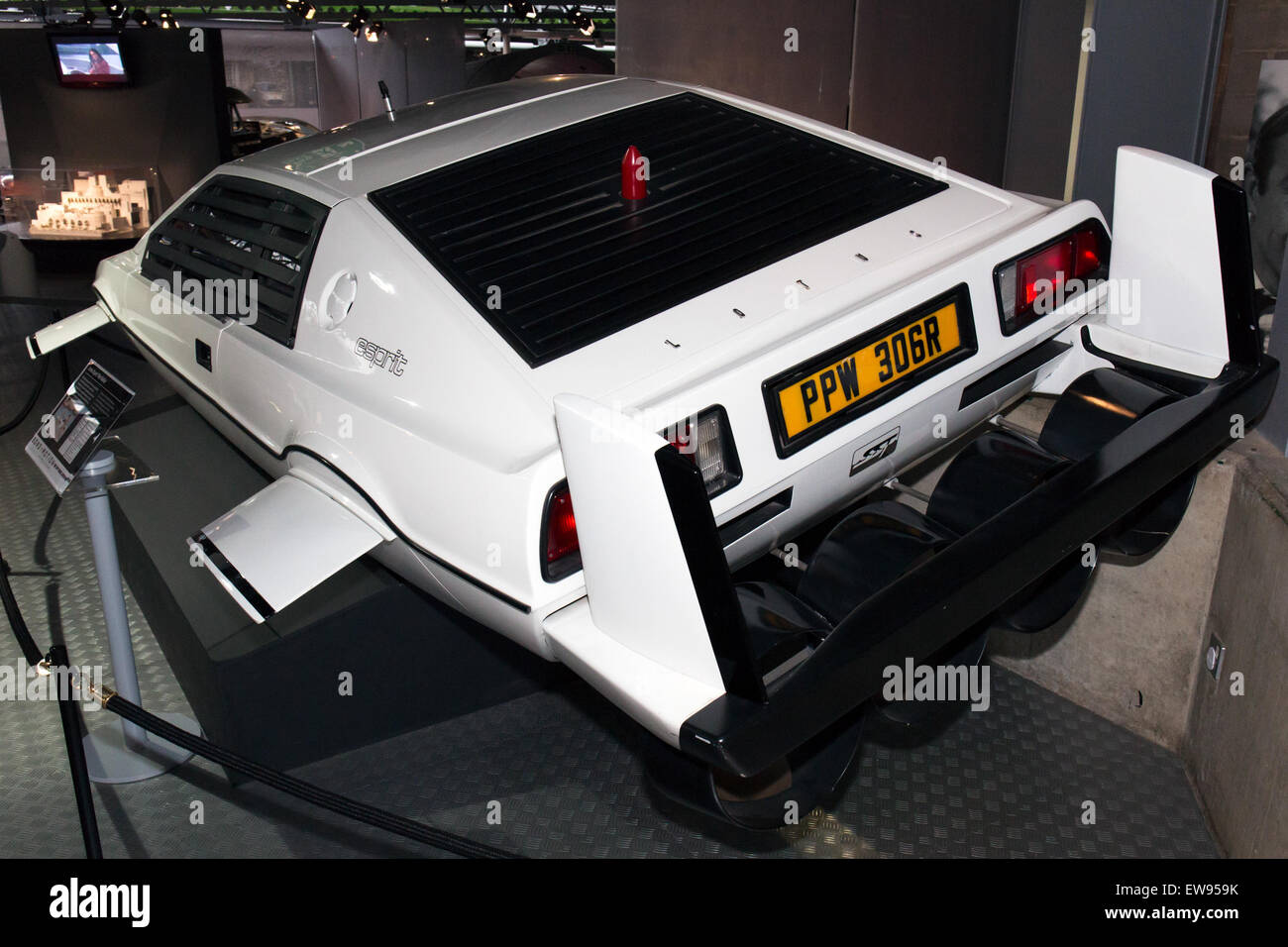 The rear-left view of the Lotus Esprit from *The Spy Who Loved Me*, displayed at the National Motor Museum, Beaulieu, showcases its iconic design and role as a cinematic legend. Stock Photo