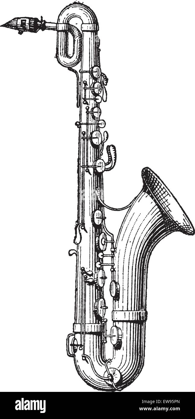 Old engraved illustration of Saxophone isolated on a white background
