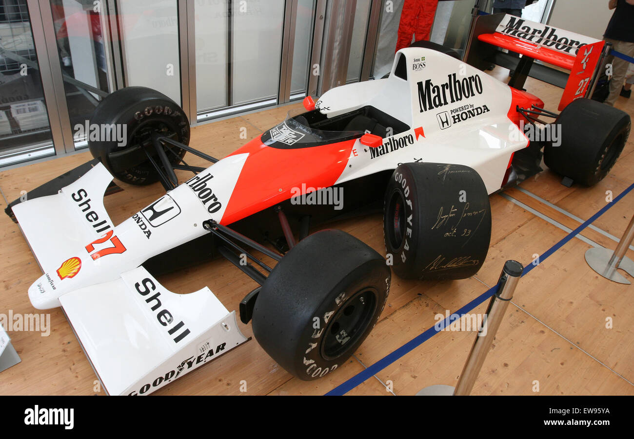 The McLaren MP4-5B, autographed by Ayrton Senna, displayed at the