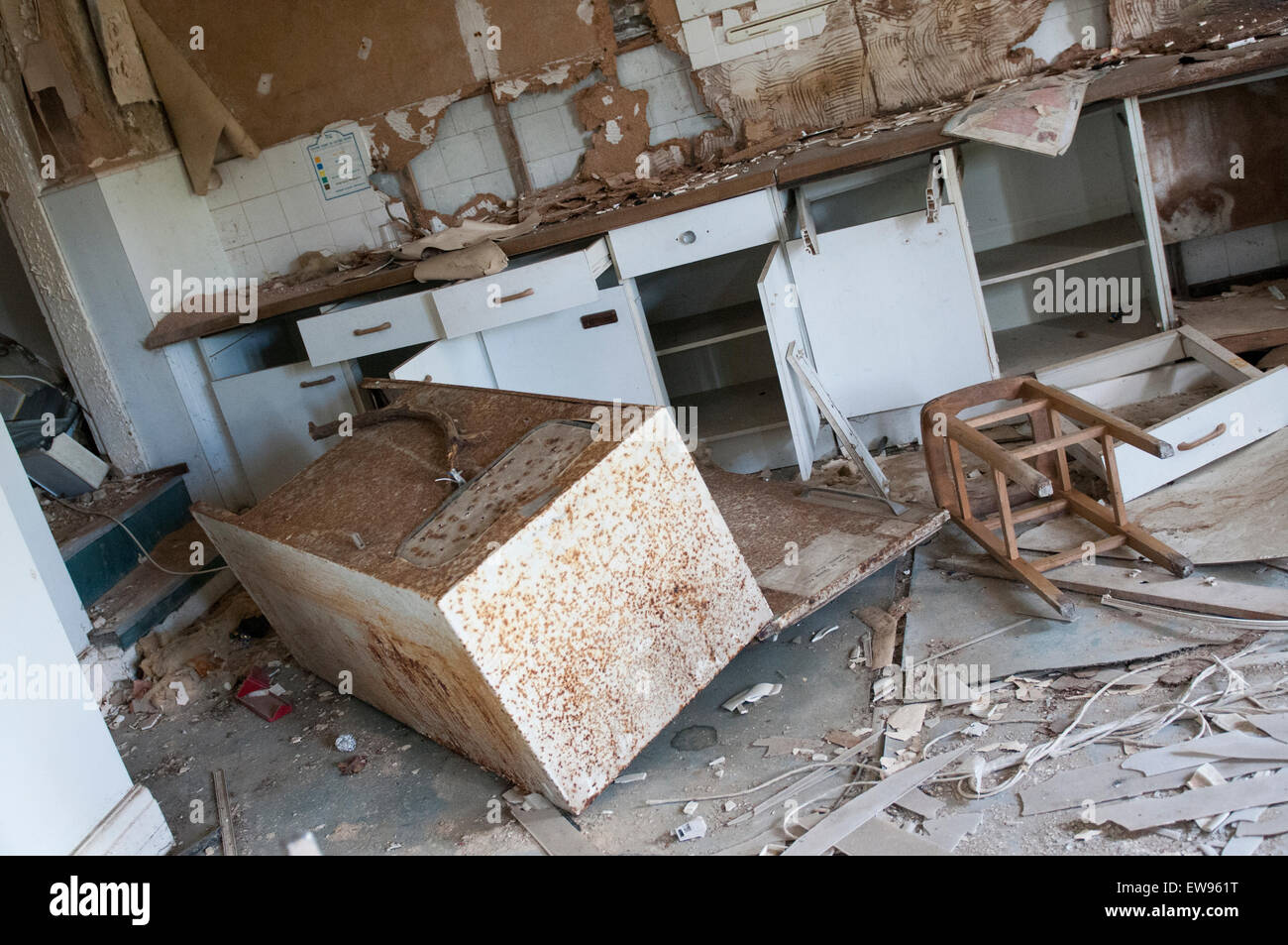 An old derelict kitchen inside Nocton Hall in Lincolnshire, England UK Stock Photo