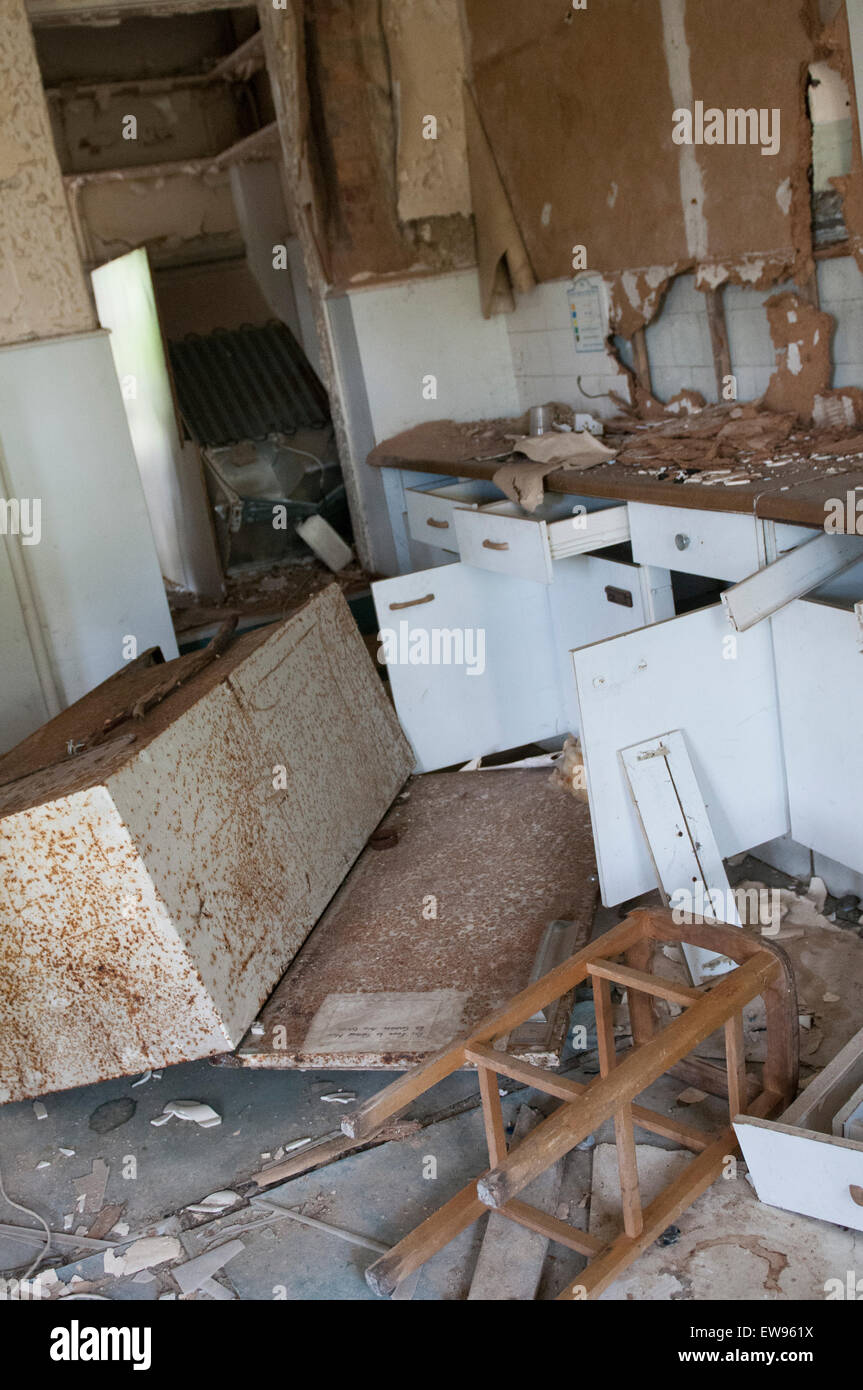 An old derelict kitchen inside Nocton Hall in Lincolnshire, England UK Stock Photo