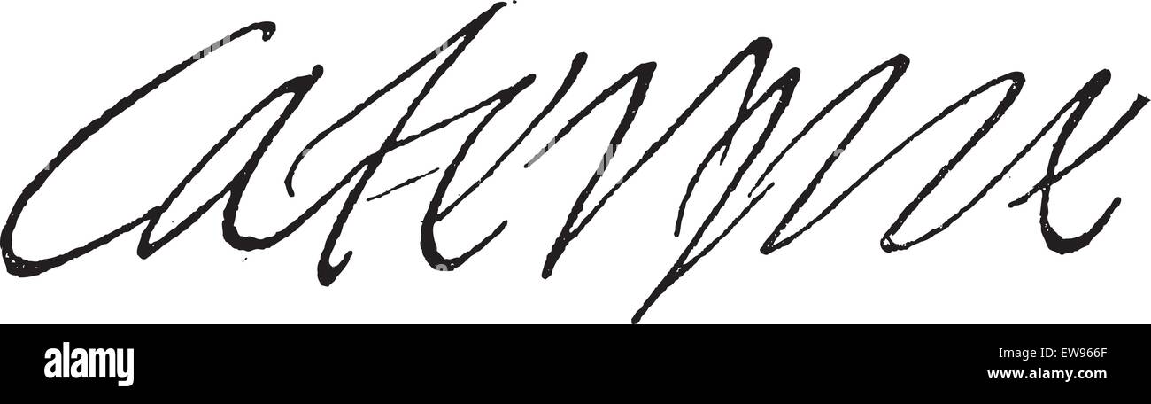 Signature of Catherine de Medici, Queen of France, wife of Henry II (1519-1589), vintage engraved illustration. Dictionary of wo Stock Vector