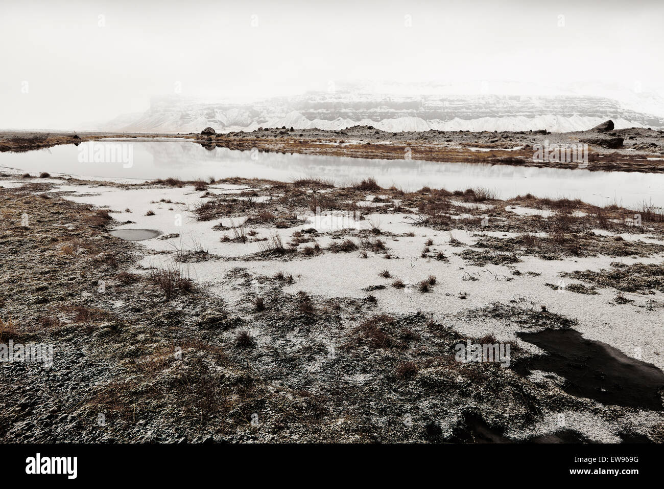 Frozen lowlands near Skogafoss, South Iceland Stock Photo