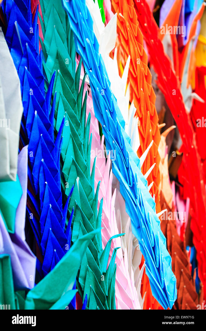 Hiroshima, The Children's Peace Monument. Vertical rows of origami