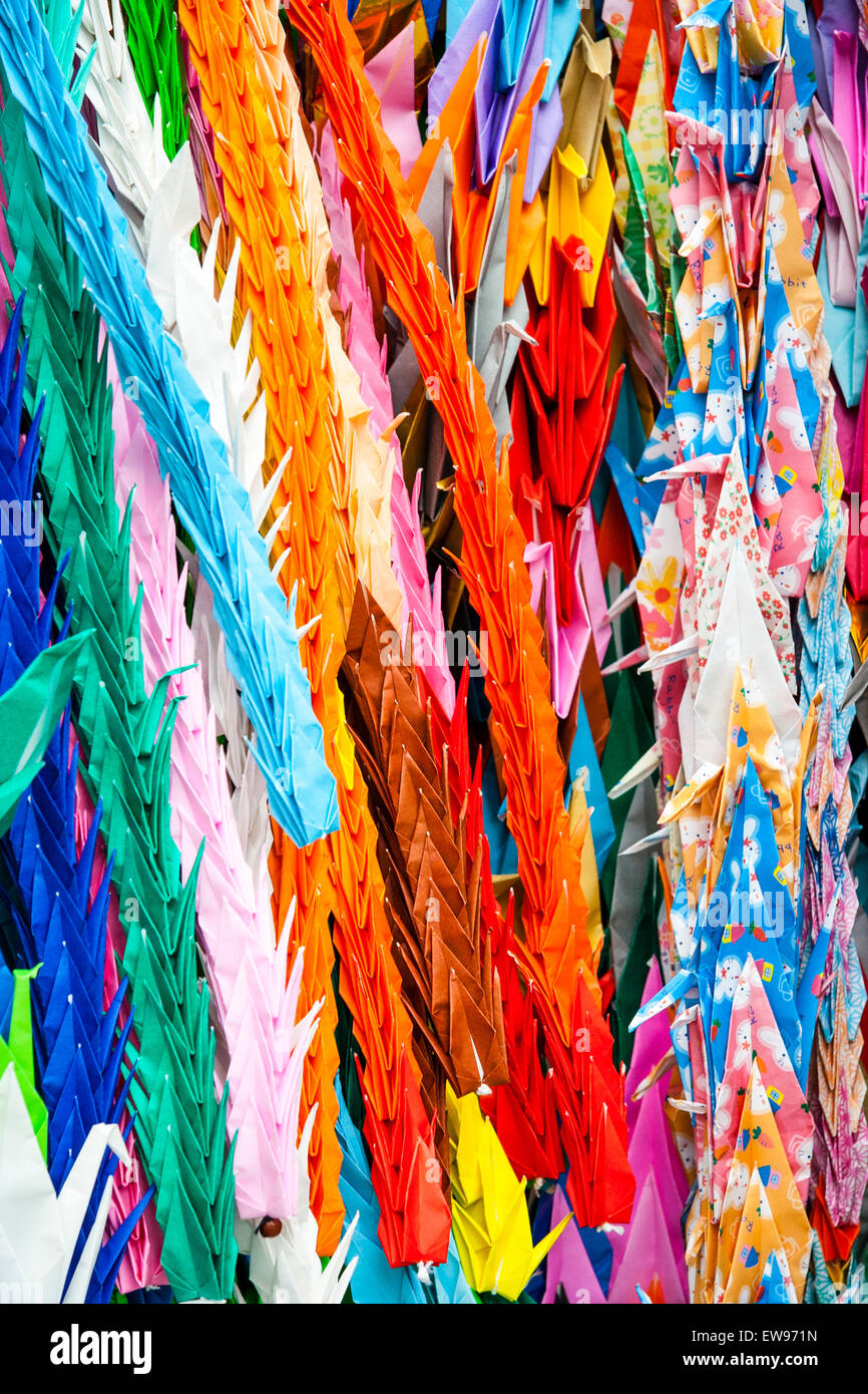 Hiroshima, The Children's Peace Monument. Vertical rows of origami