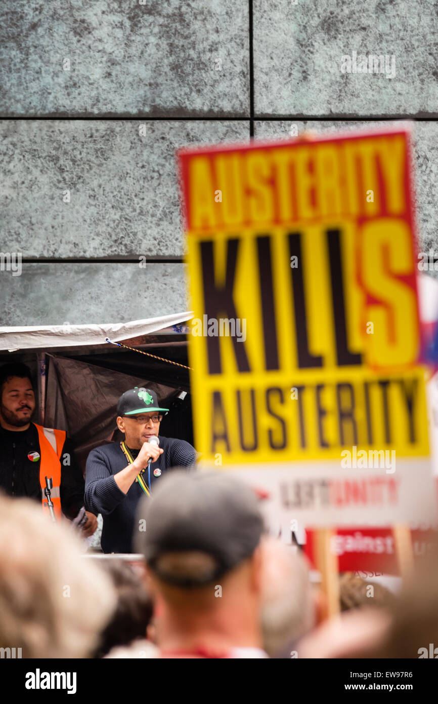 London, UK. 20th June, 2015. Masses of people marching through the streets of London on the 20th of June 2014 protesting against the Tory government's austerity politics and measures. Credit:  Tom Arne Hanslien/Alamy Live News Stock Photo