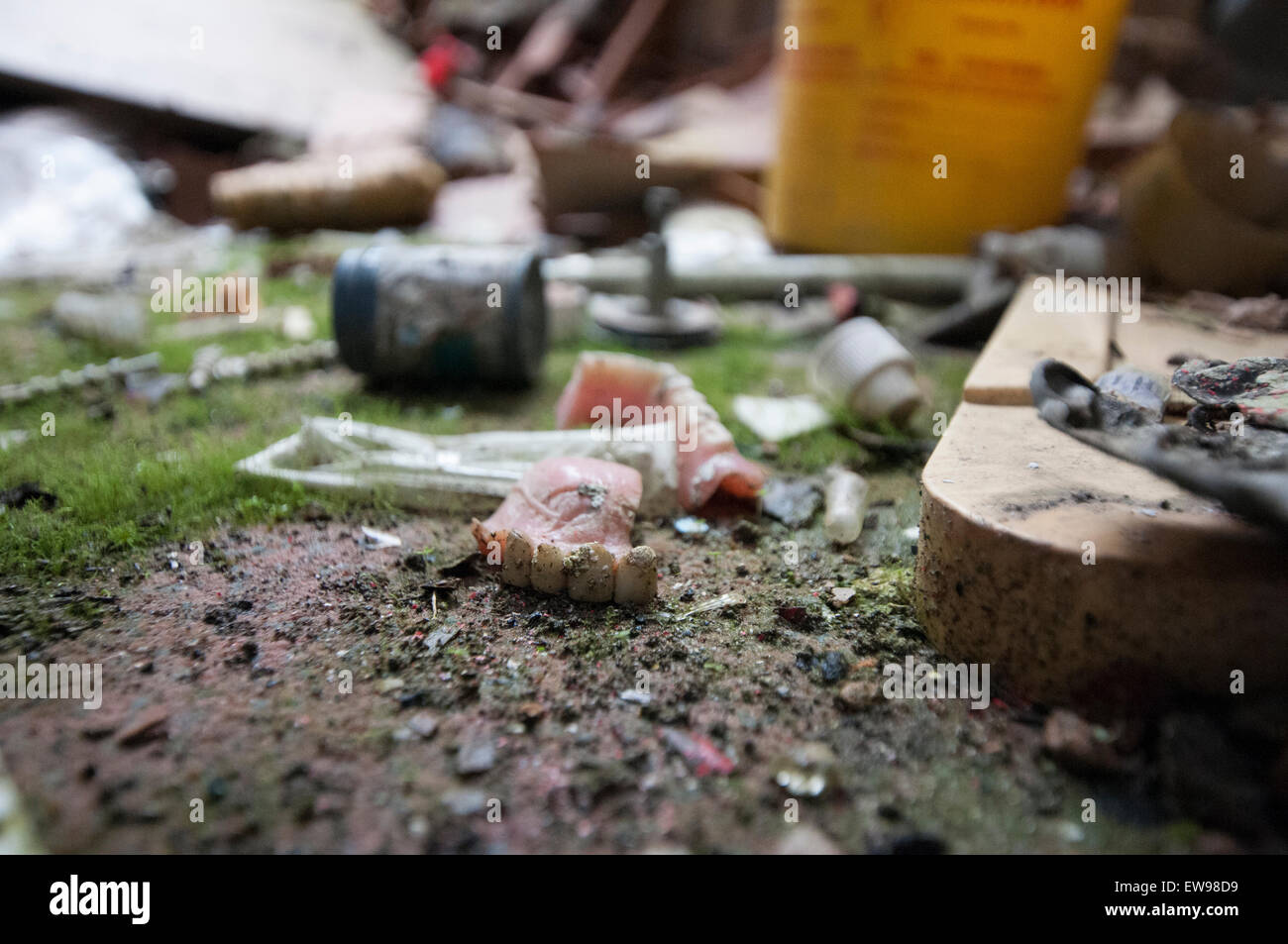 Needles and rubbish on the floor inside Nocton Hall in Lincolnshire